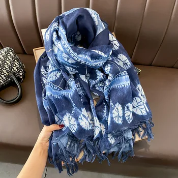 Африканский Индийский темно-синий шарф из вискозы с цветочной кисточкой, Высококачественные шали и палантины с принтом, палантин из пашмины, Длинный мягкий мусульманский хиджаб